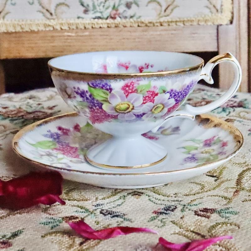 C.a. 1950-60s Japanese Shafford Hand Decorated Pink & Purple Footed Tea Set Duo (MT1682)