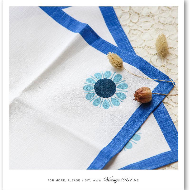 1970 German Blue Line Framed White Table Cloth Set (A Set of Two) (EW237)