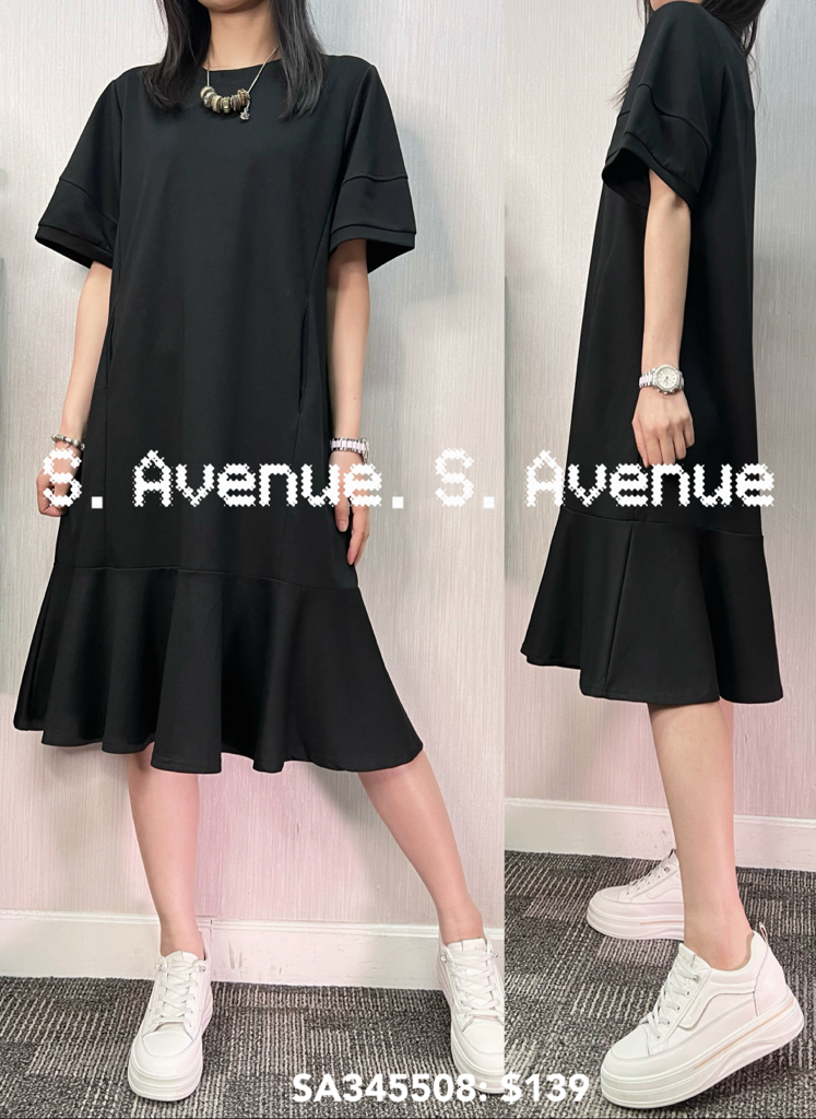 SA345508: 短袖泡泡袖淨色簡約魚尾op