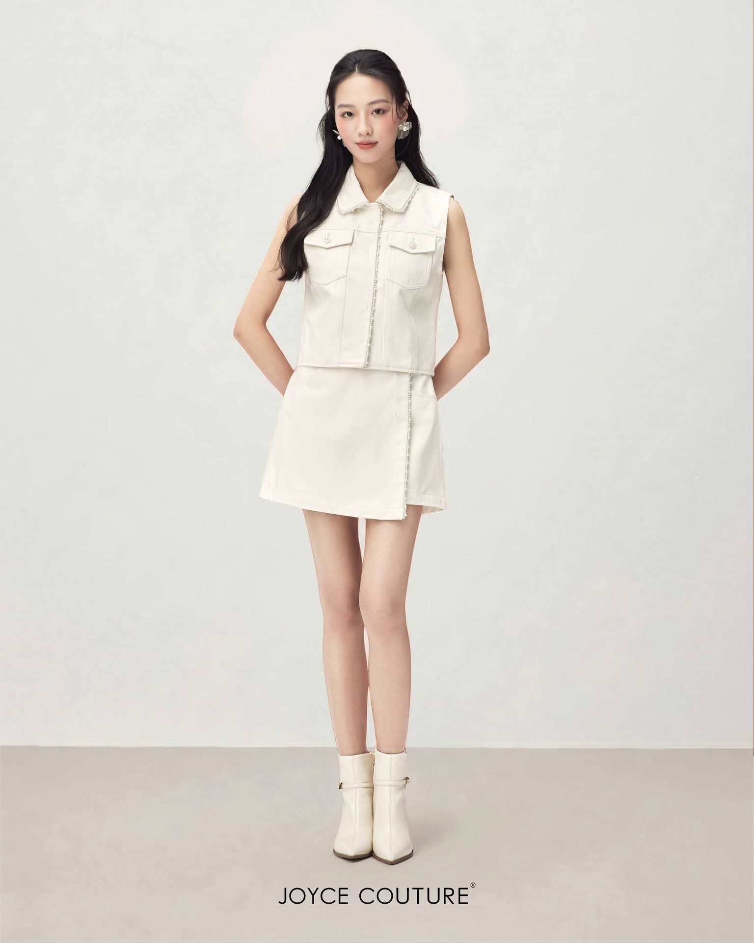 珍珠点缀套装牛仔裤裙 S0098