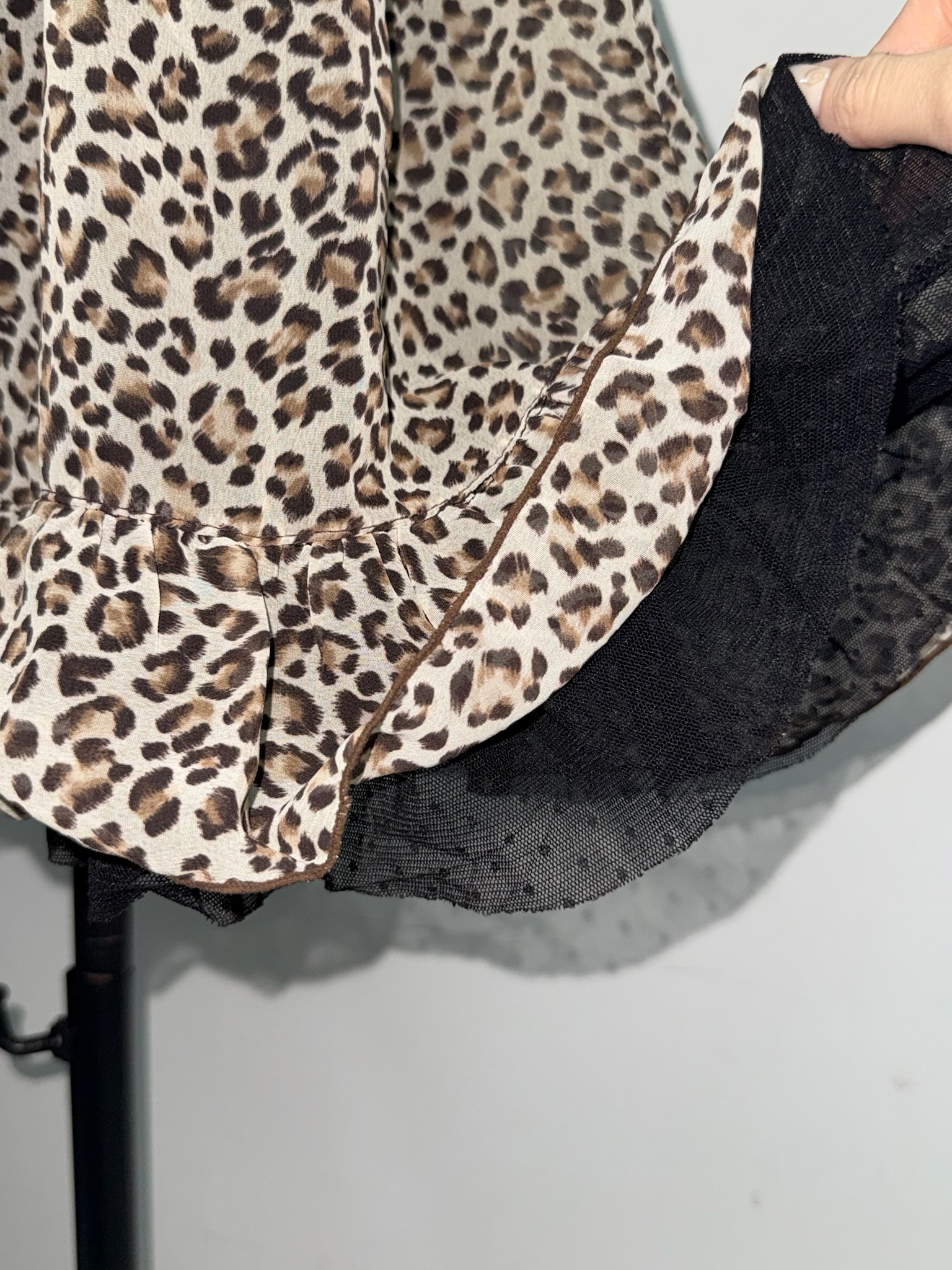 Leopard Print Mesh Slip Dress with Lace Trim