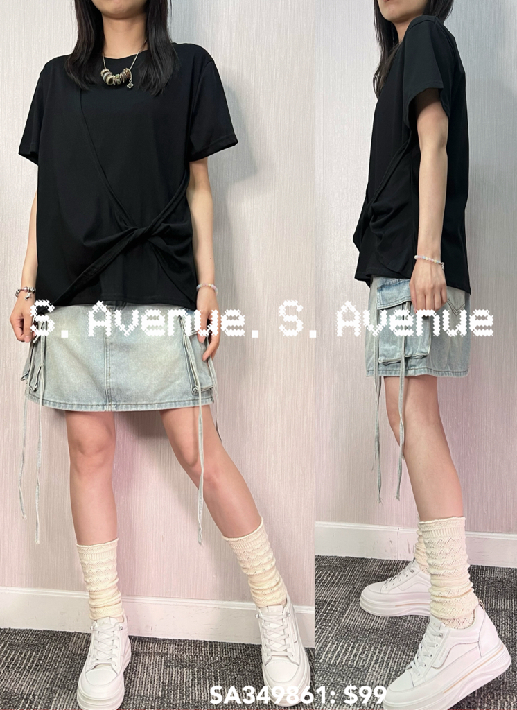 SA349861: 短袖中間打結雪紡假兩件