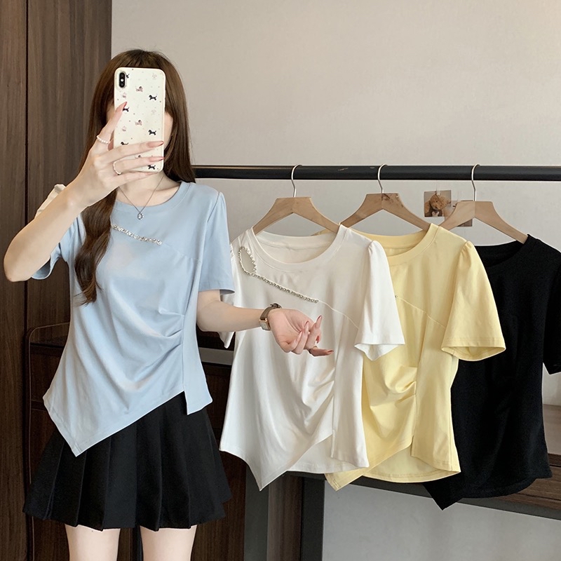 B317(36900) 法式别致肩边镂空斜排ZICZAC银钉下摆斜角4色上衣