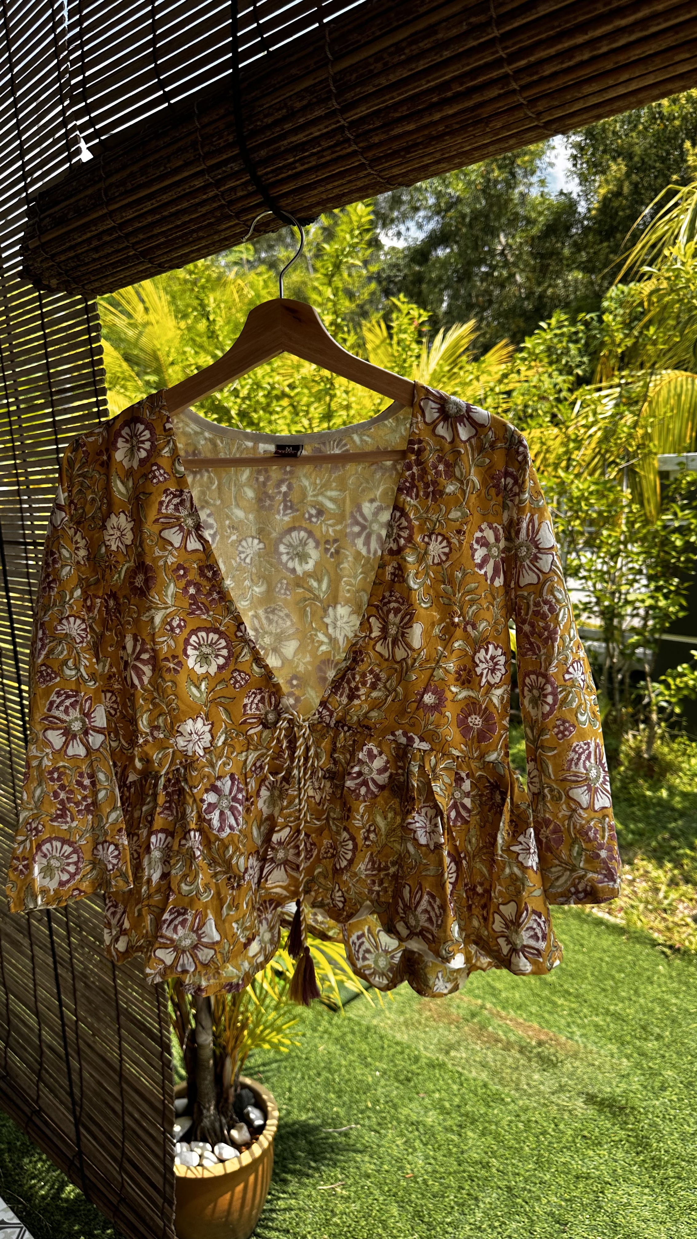 Butter Yellow floral Anarkali dress with Block print Jacket