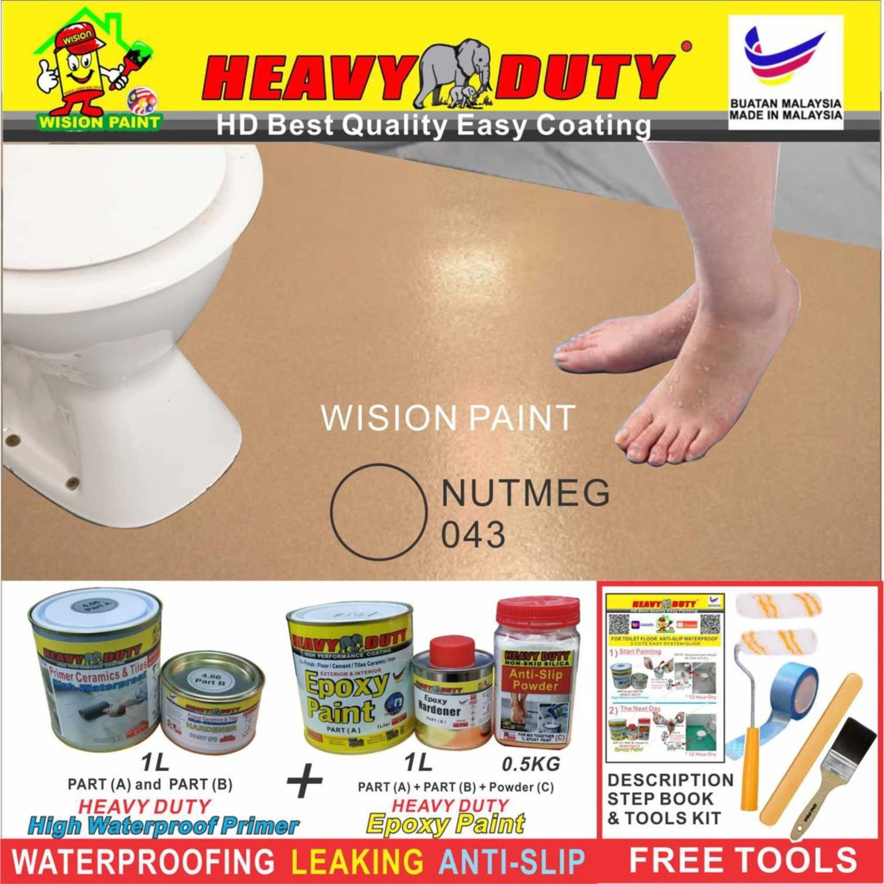 FULL SET (HEAVY DUTY BRAND) Floor Coating (Free Paint Tool Set) 1L Tile Primer + 1L Epoxy Colour + 0.5kg Non-skid Silic