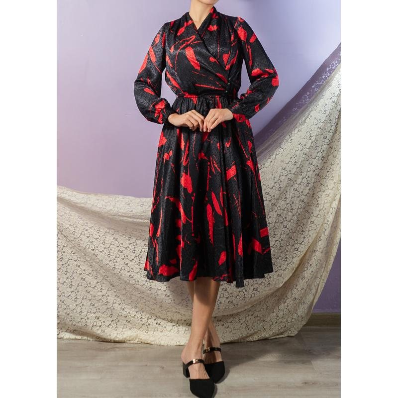 Vintage Japanese C.a. 1980s Red Stoke Pattern Half Wrap Full Flare Dress(MT1608-144)