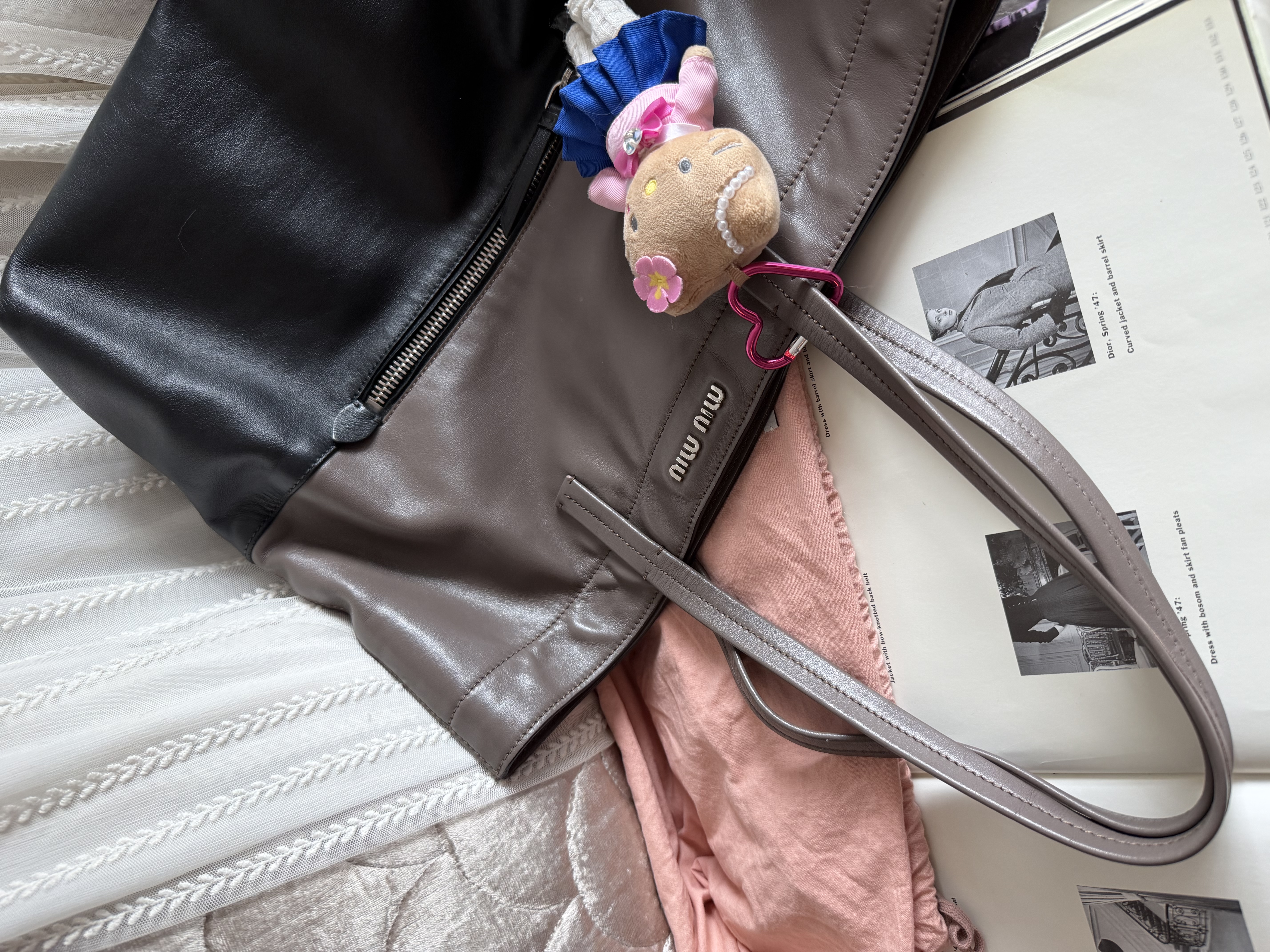 Miu miu ivy black grey leather tote bag