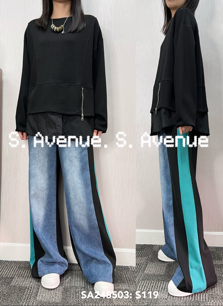 SA248503: 長袖側拉錬拼布鬆身tee