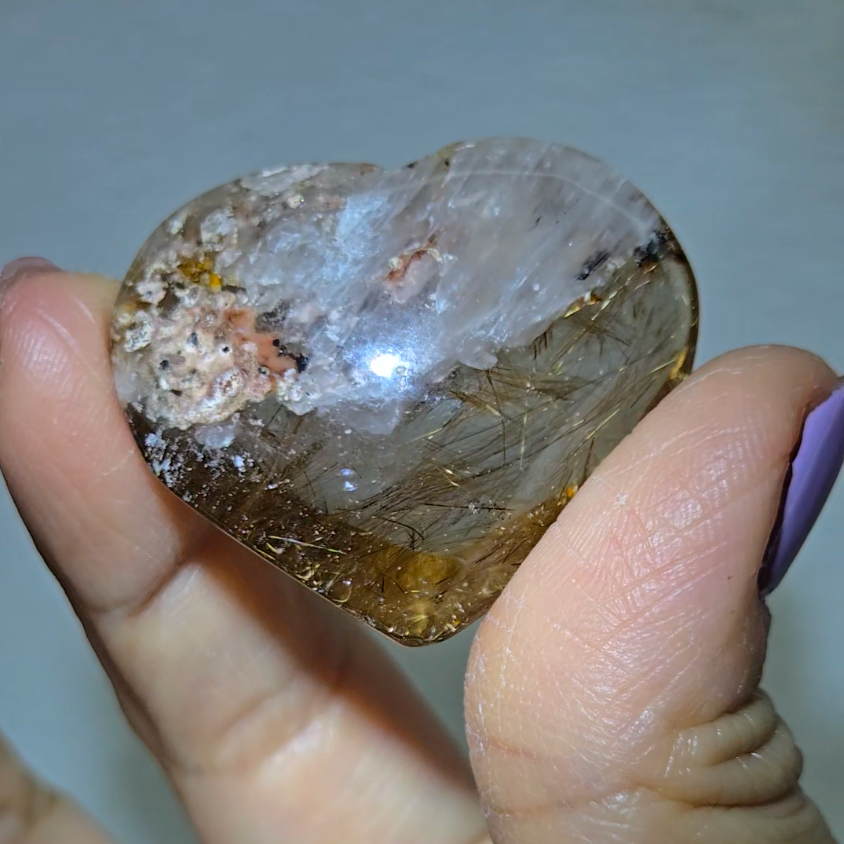 Golden rutile flower on pink lodolite garden quartz heart - RT710