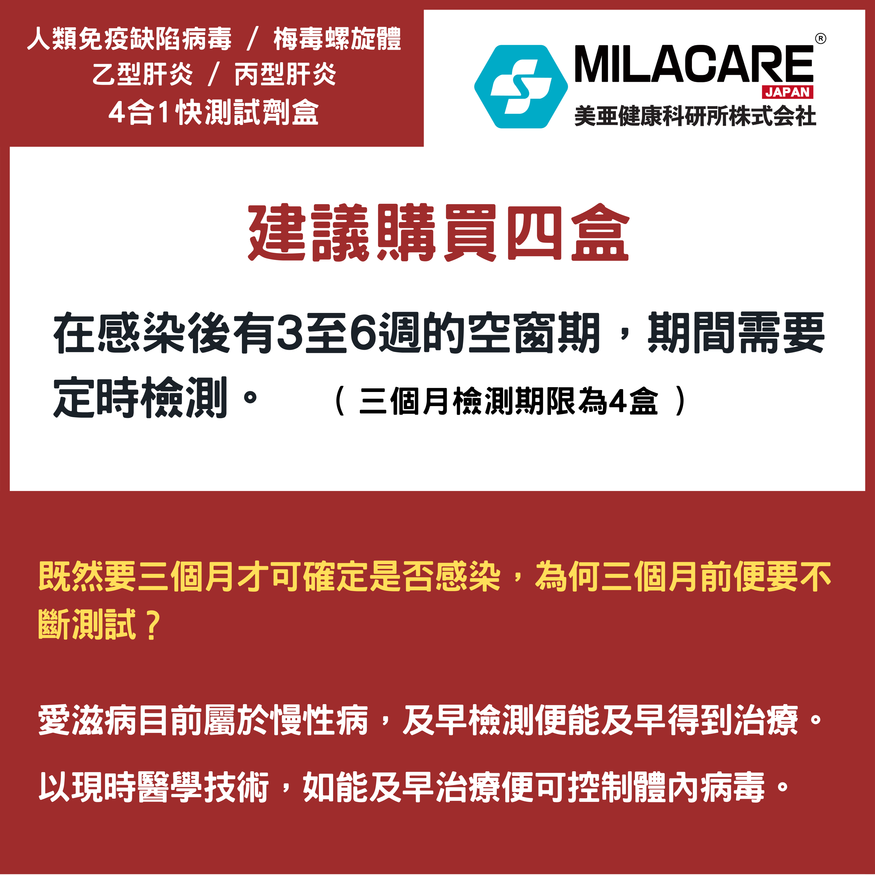 MILACARE-(1盒) (4合1)HIV抗體/HCV/HBsAg 梅毒組合檢測試劑盒 (幫助診斷HIV/HCV感染/愛滋病感染)【最佳使用日期:25/04/2026】