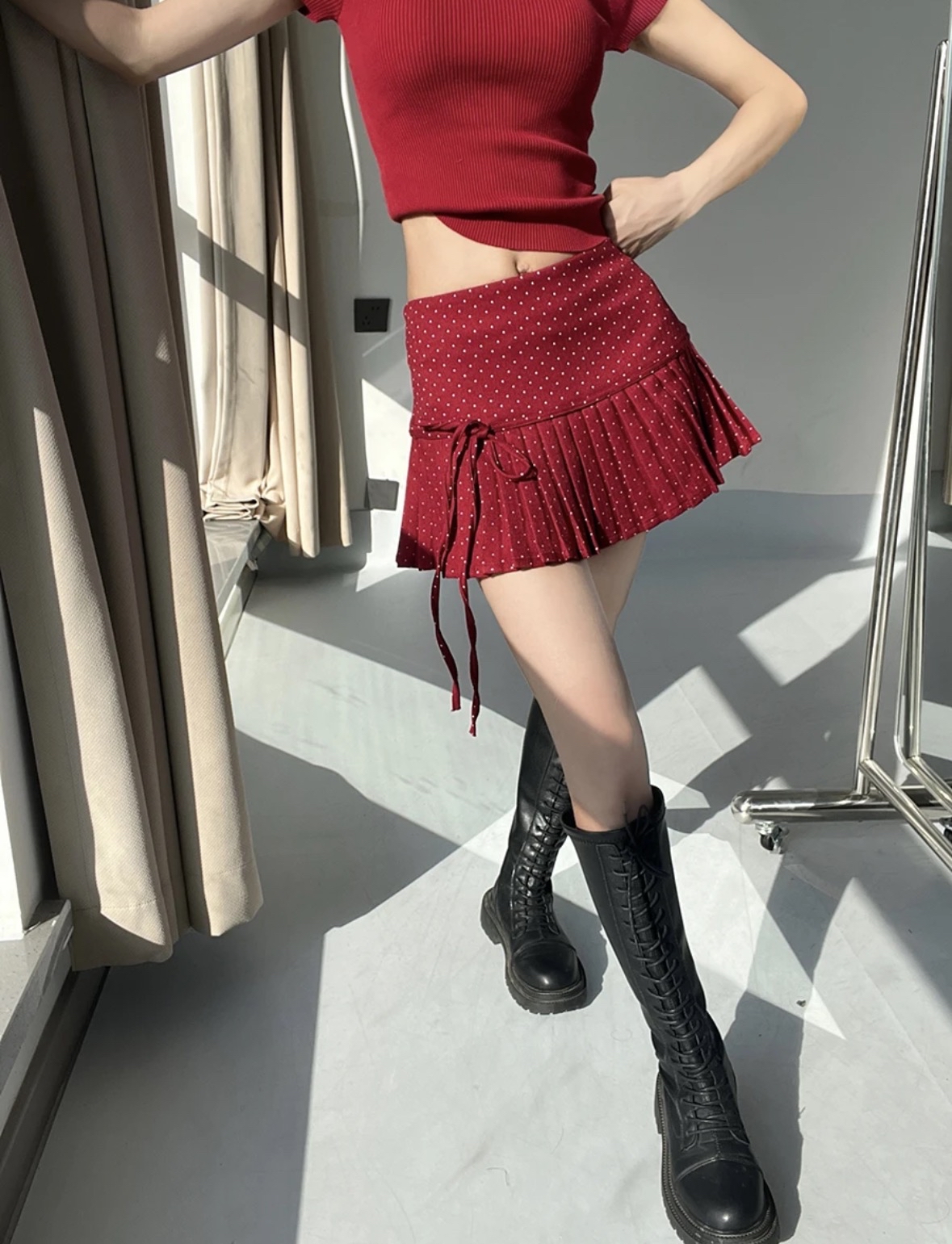 SK316波点红色半身裙