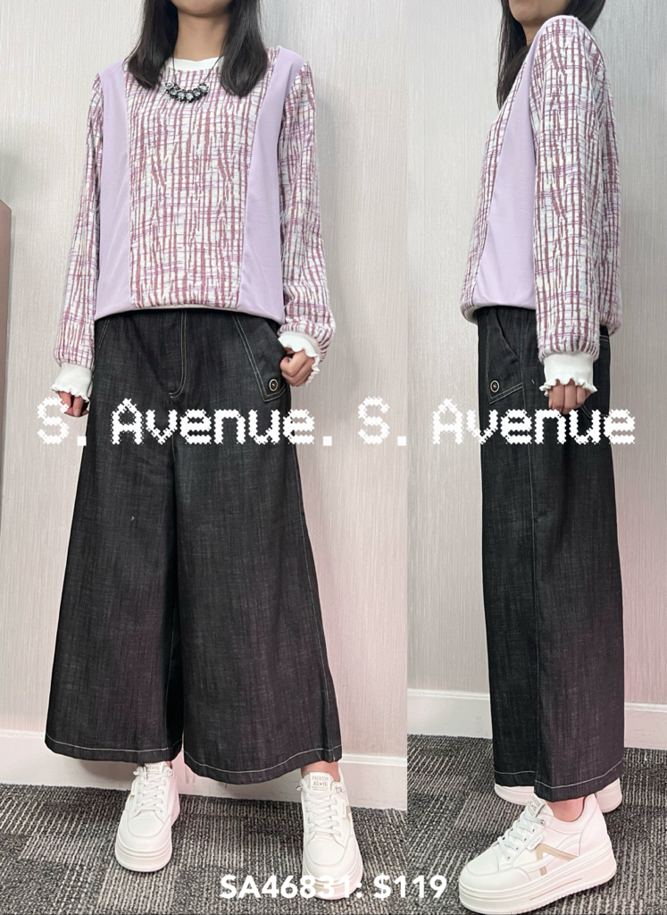 SA46831:長袖側拼布格仔top