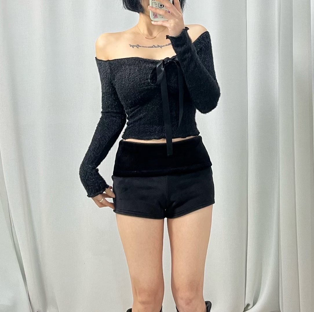 韓國溫柔感毛毛質地一字膊蝴蝶結top