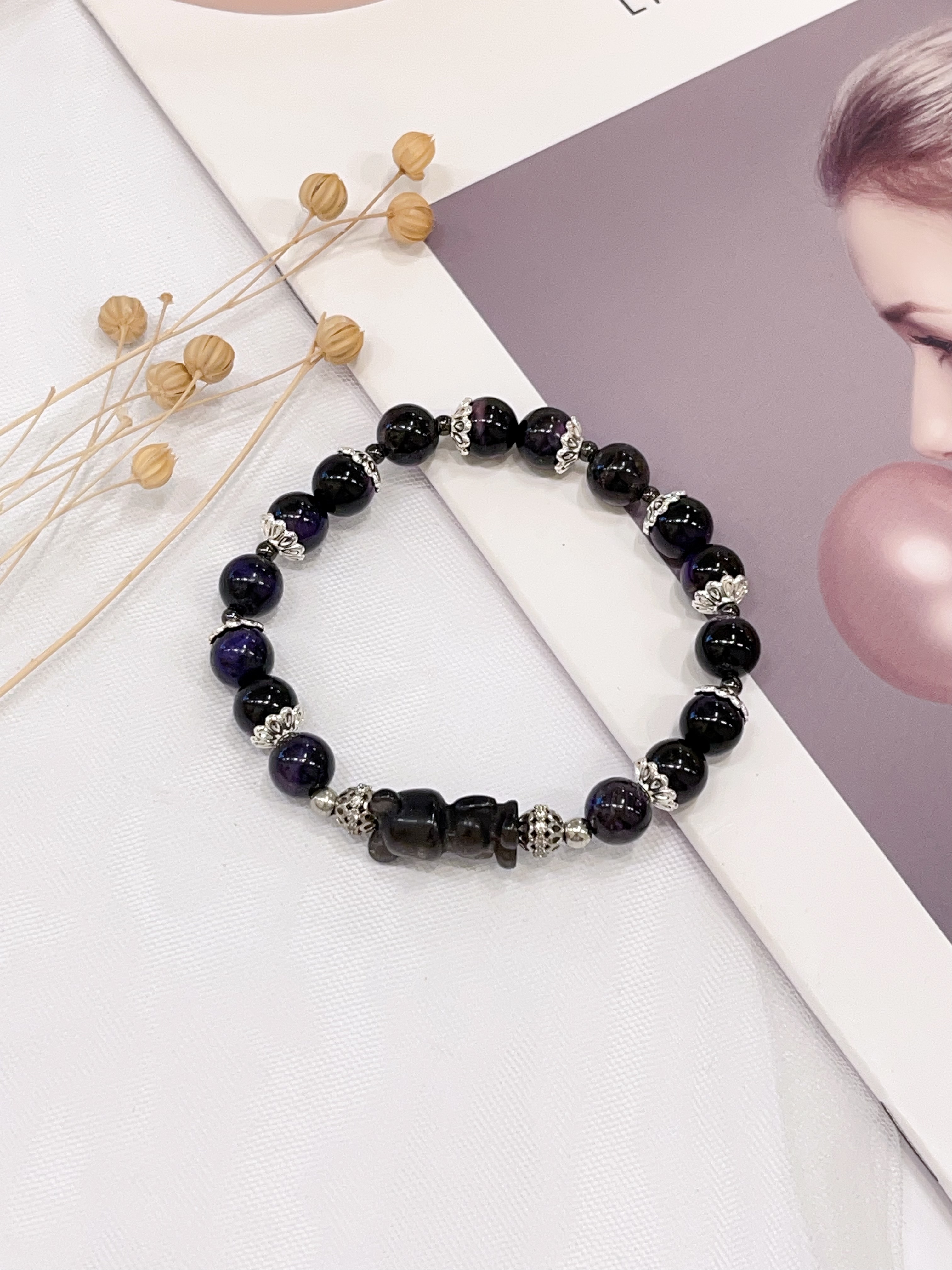🐻 银曜石暴力熊 × 紫虎眼手串 Silver Obsidian Bear Charm & Amethyst Tiger Eye | 8mm