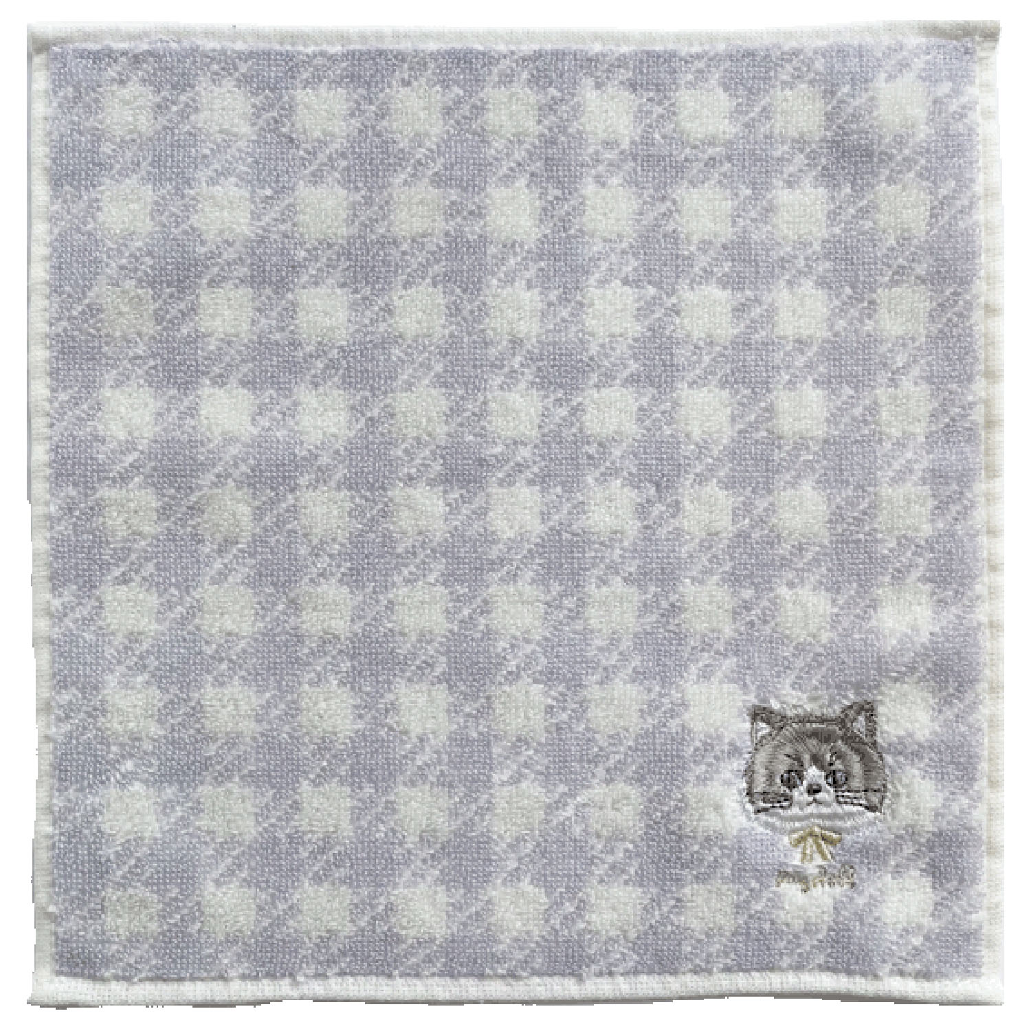 刺繡方形毛巾 (淺灰色格紋短毛貓款)