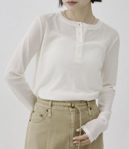 輕盈彈性網紗亨利領上衣 - 2026 流行穿搭  長䄂上衣 春夏時尚穿搭 獨特設計 成人休閒 日常穿搭 易於配搭 日本直送   #JP-I-260033