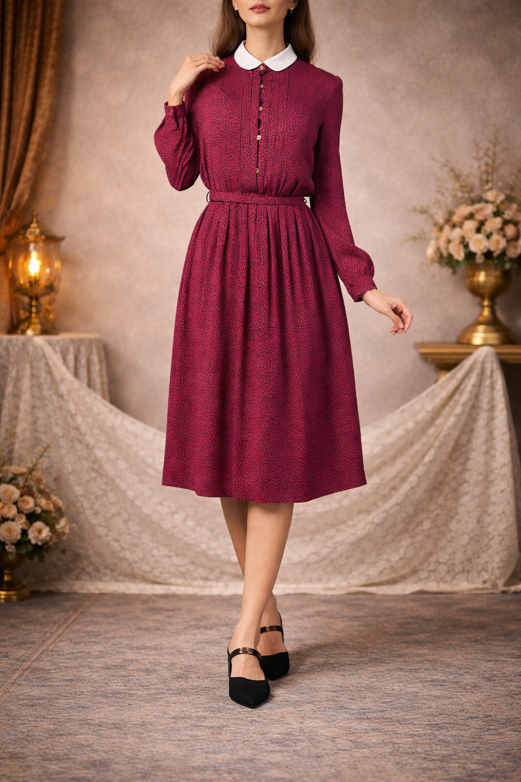 Vintage Japanese Abstract Floral Pattern White Collar ShirtDress with Golden Openwork Buttons (MT1608-127)