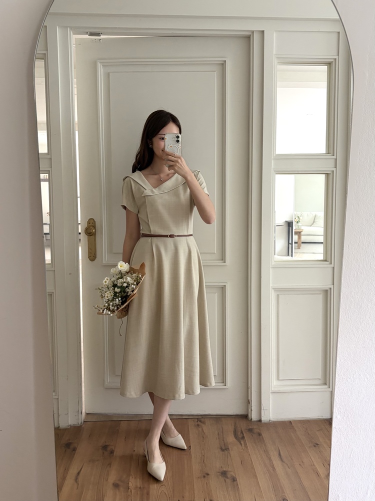 Sailor Collar Belted Dress (Beige)