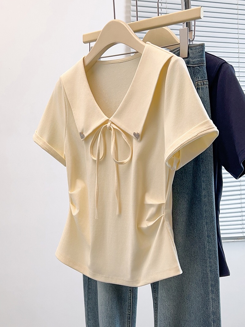 B212(36905) 韩版甜美风蝴蝶结系带大翻娃娃领边爱心扣褶皱腰蓝杏上衣