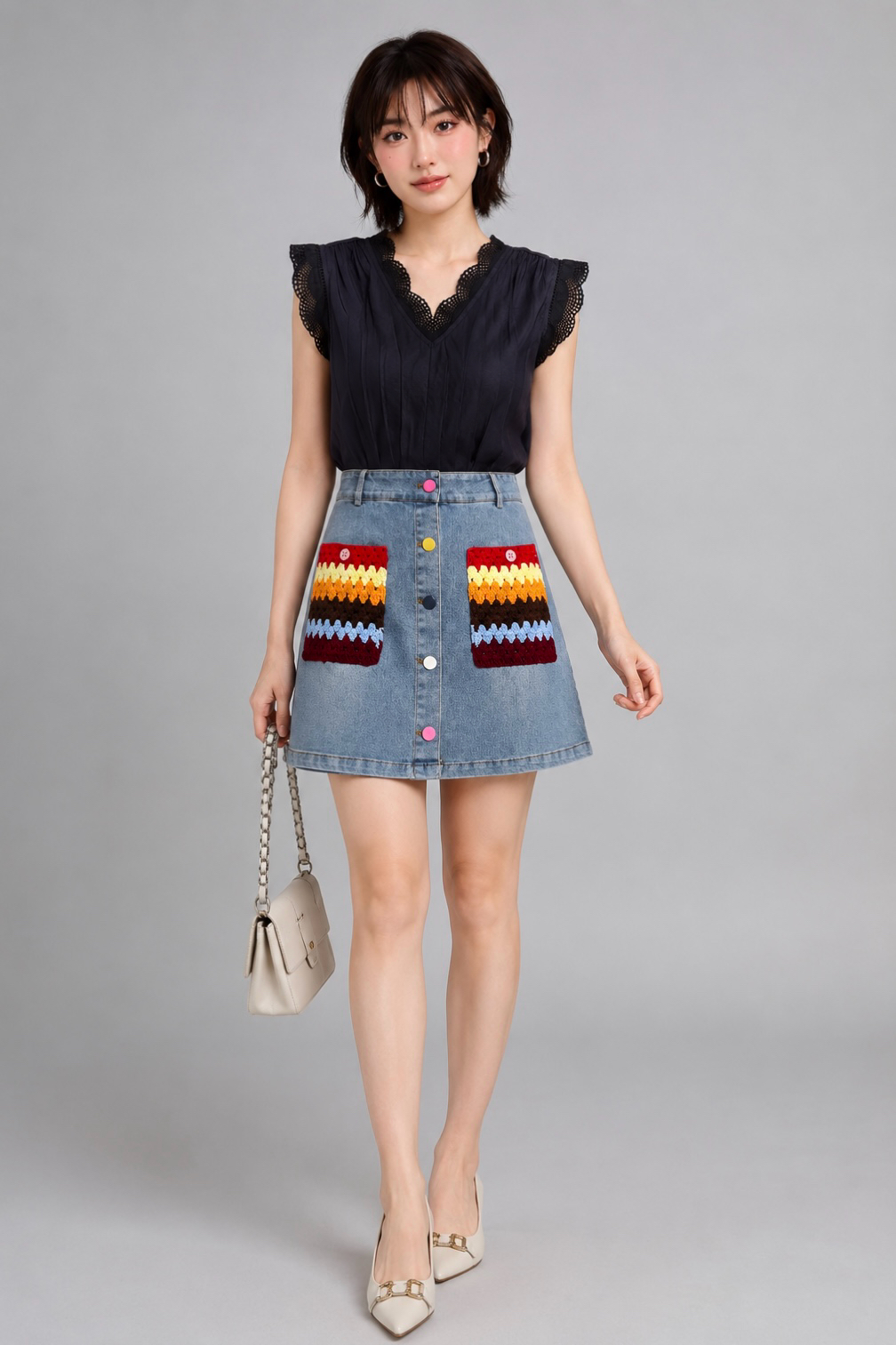 28034 Lace Trim Pleated V-Neck Blouse