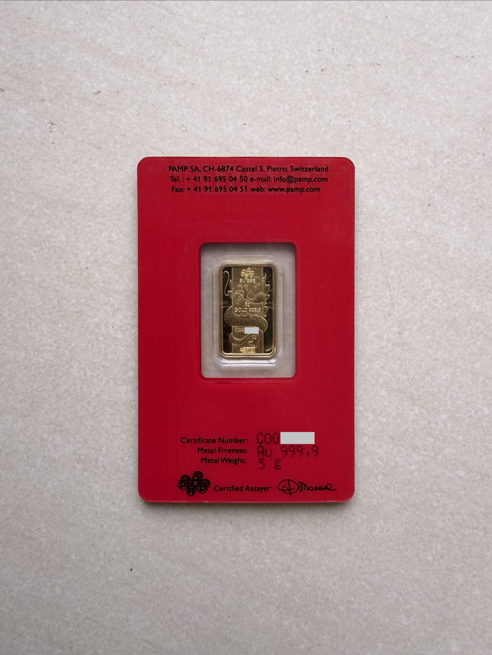 (SN1366) PAMP Lunar 2012 Dragon 5g🇨🇭Fine Gold Bar Emas 999.9 生肖老龙