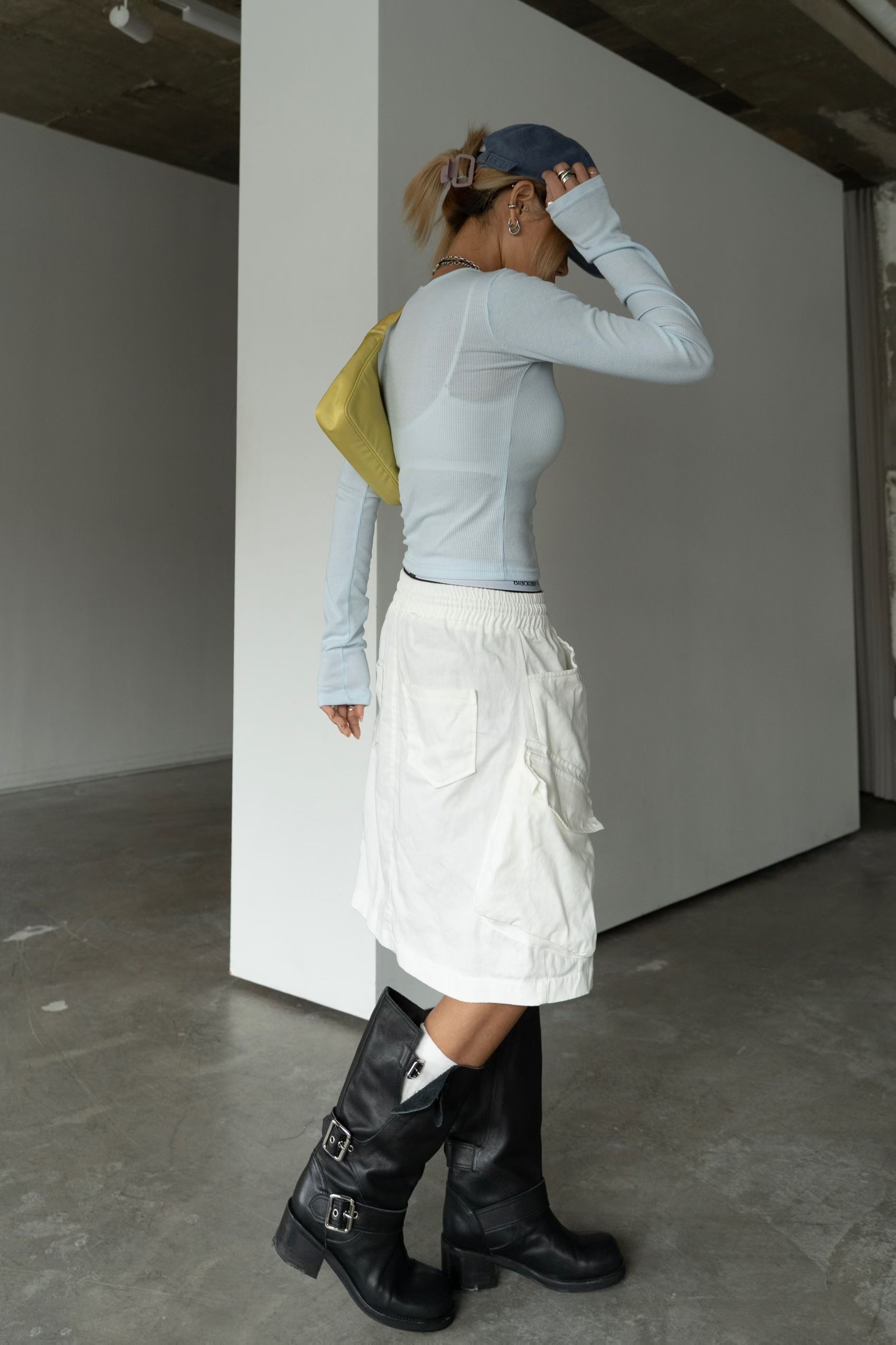 橡筋腰斜布工裝短裙