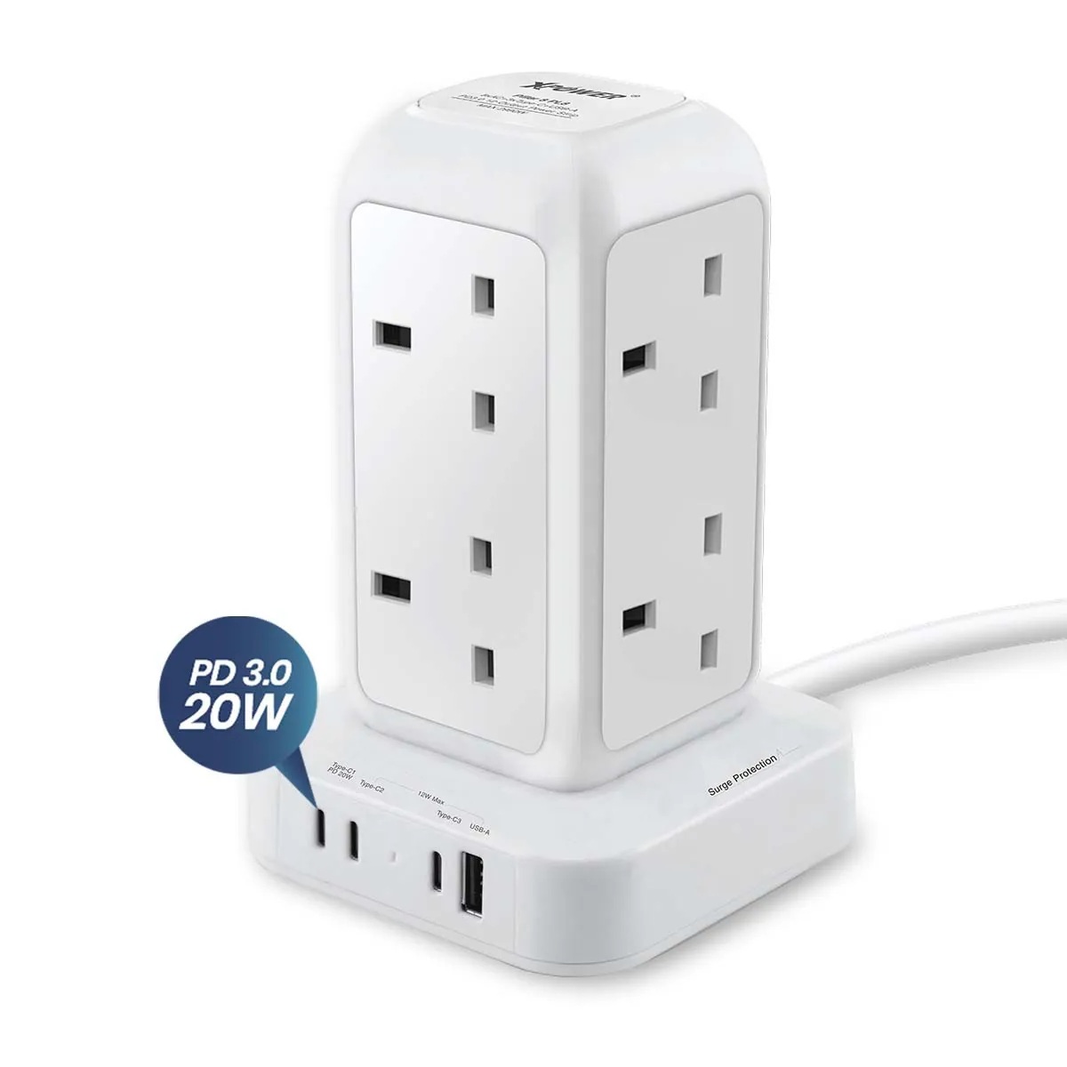 XPower Pillar 8 PL8 迷你直立式12輸出拖板 3米線長 8個插頭 PD 3.0輸出拖板