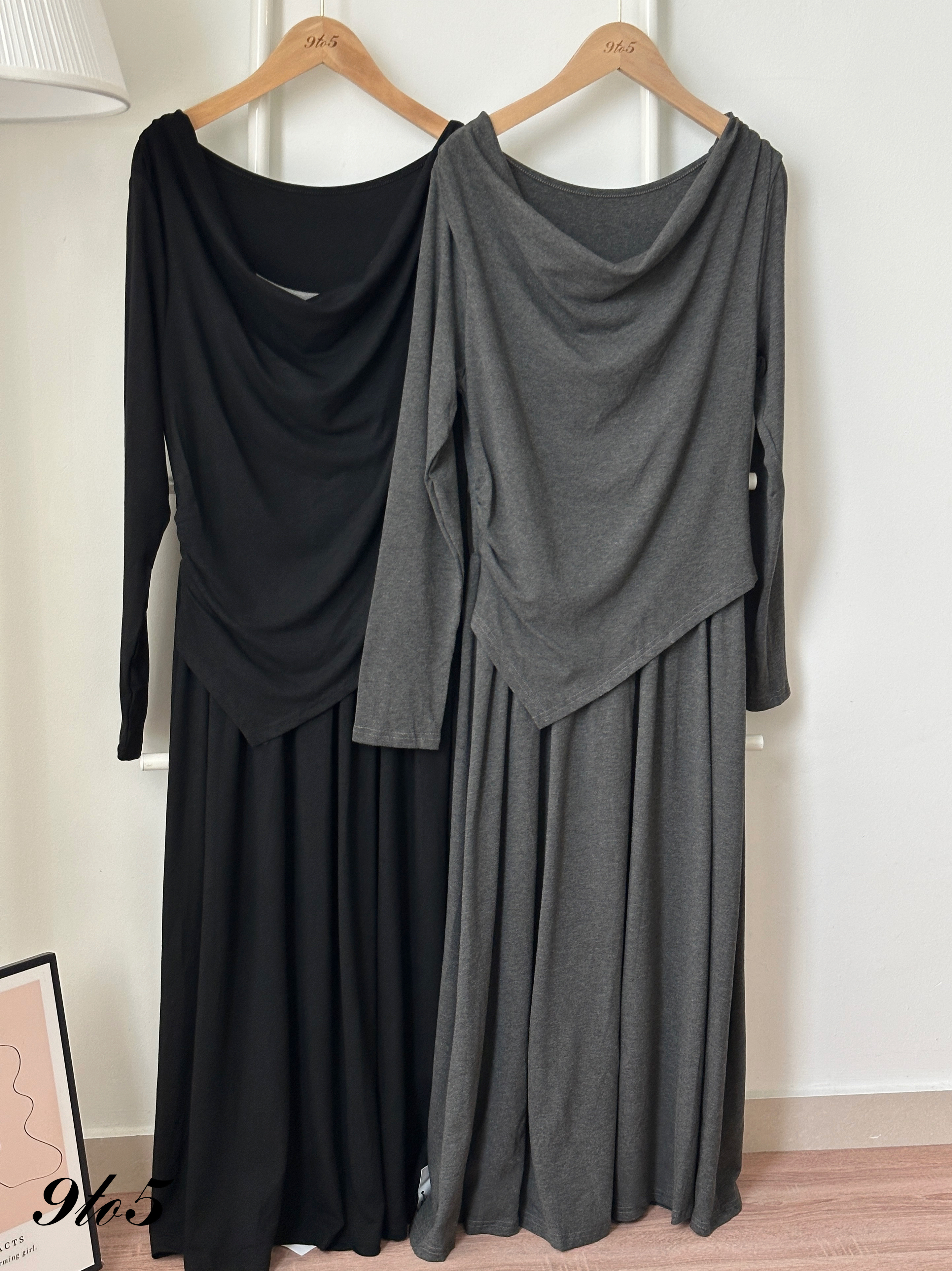 D2370 Fake Two-Pieces Off-Shoulder Dress - Black & Grey
