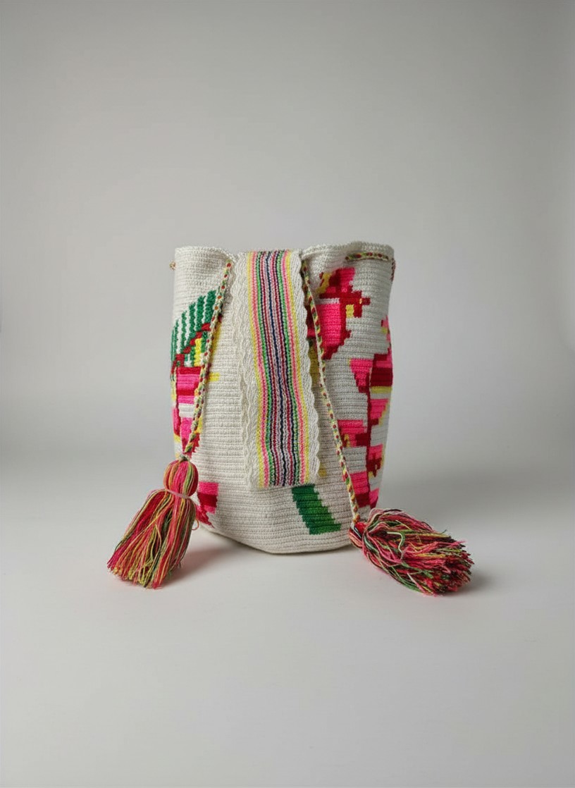 【背得起嘅藝術品】哥倫比亞正宗 Wayuu Mochila 手工民族編織袋  [預計 : 6月中至尾發貨] (PO-WY-WHTPNK-A01)