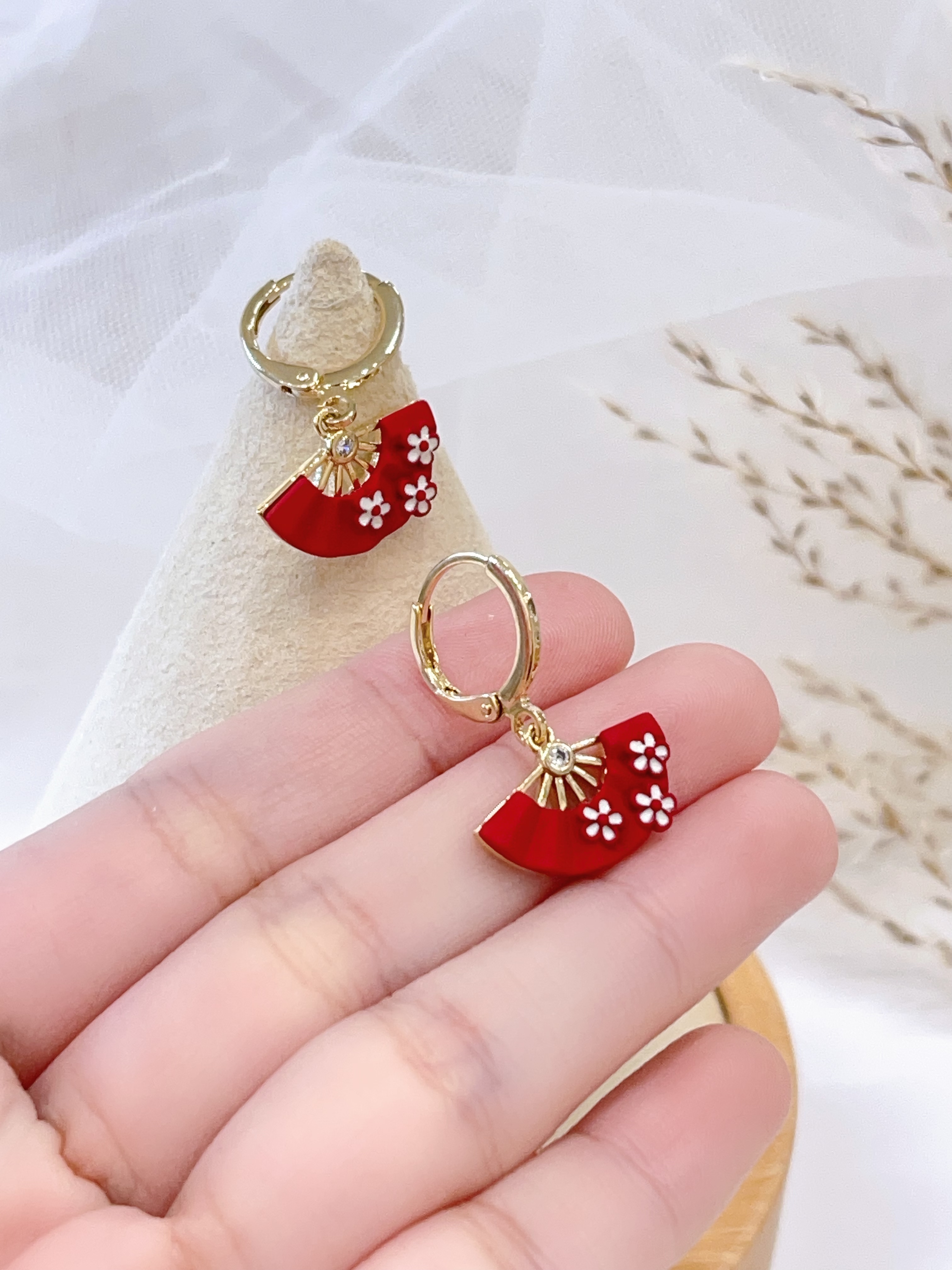 新中式红扇子耳扣耳环