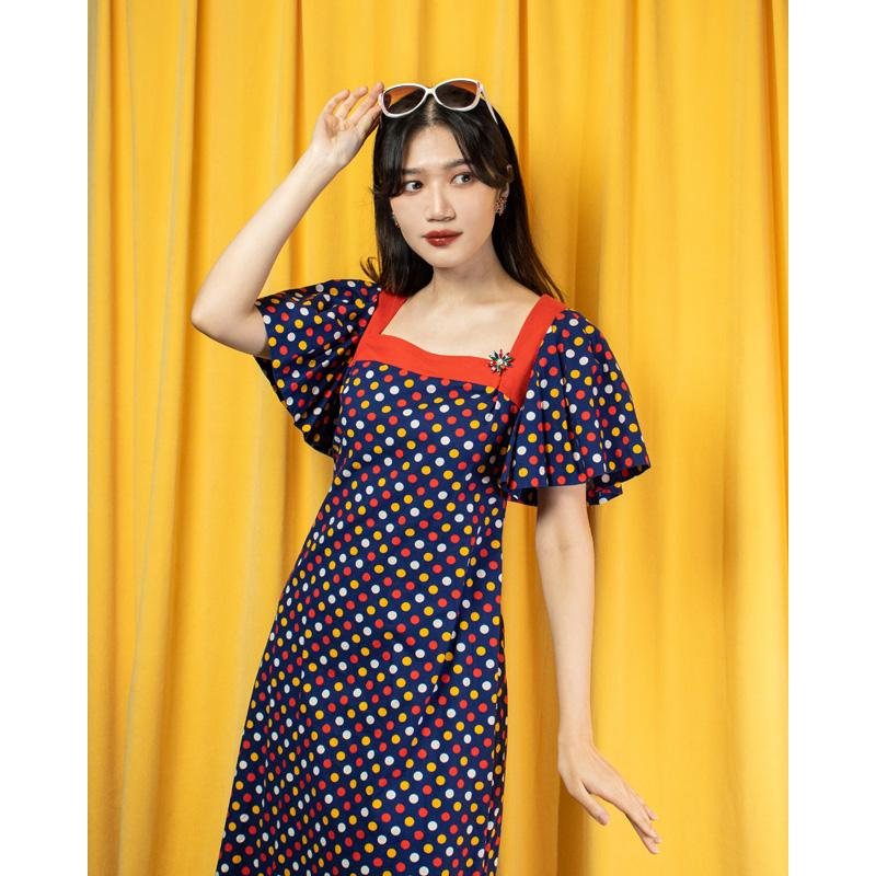 Vintage C.a.1970s Disco Dot Butterfly Sleeve Dress(Mu105-40)