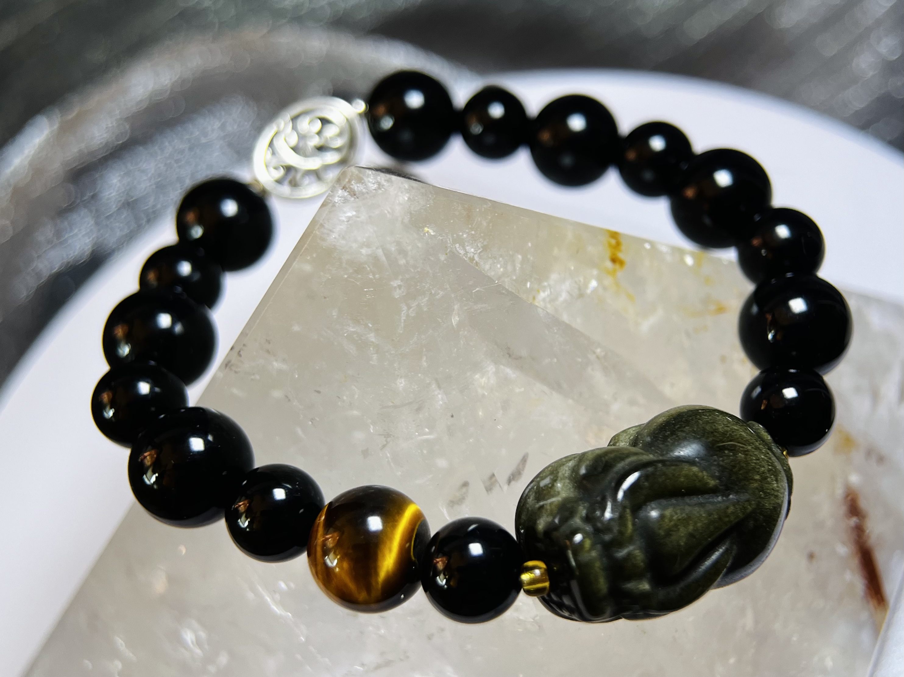 29B163手鏈｜黑曜石+金曜石貔貅+虎眼石