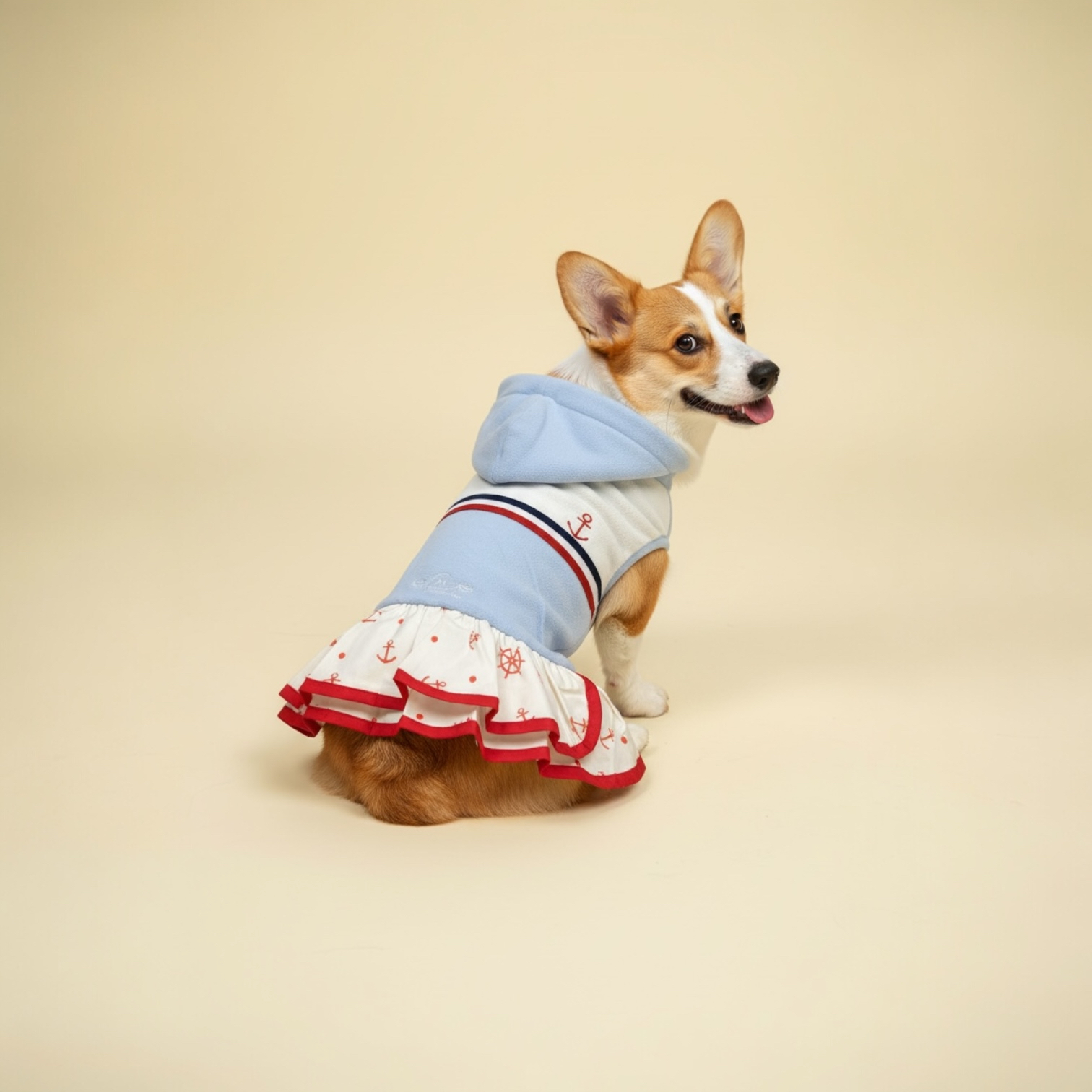 S146BL 有帽藍白紅條裙 - 粉藍色