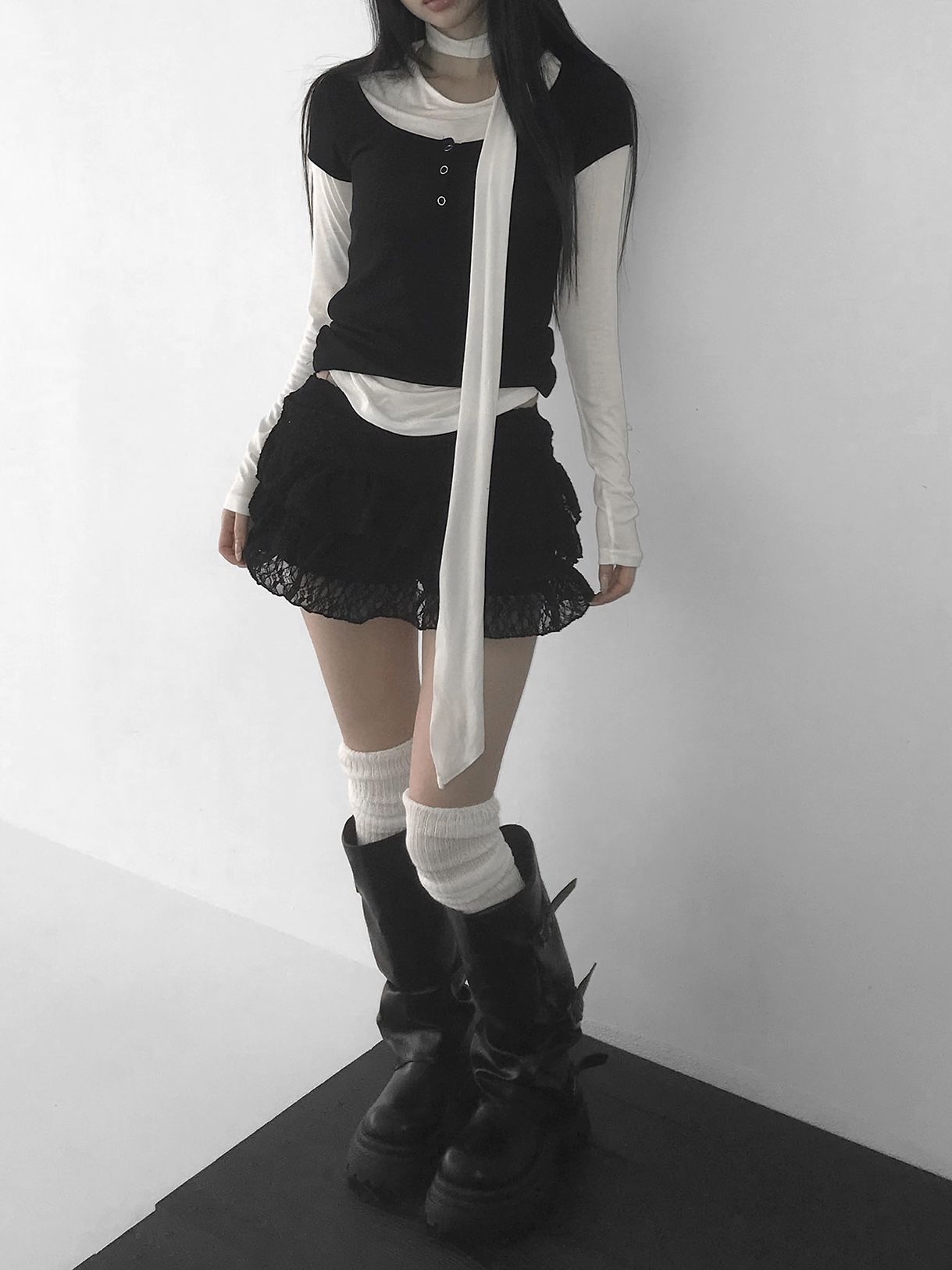 Ruched Button Long Sleeve with Scarf Tie