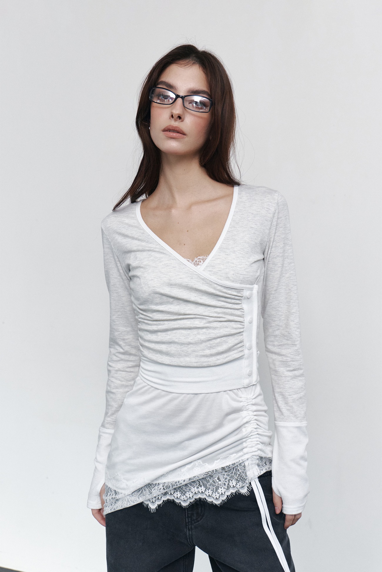 pleaseNOFOLLOW - Selena Button Wrap long sleeve Top (Oatmeal)