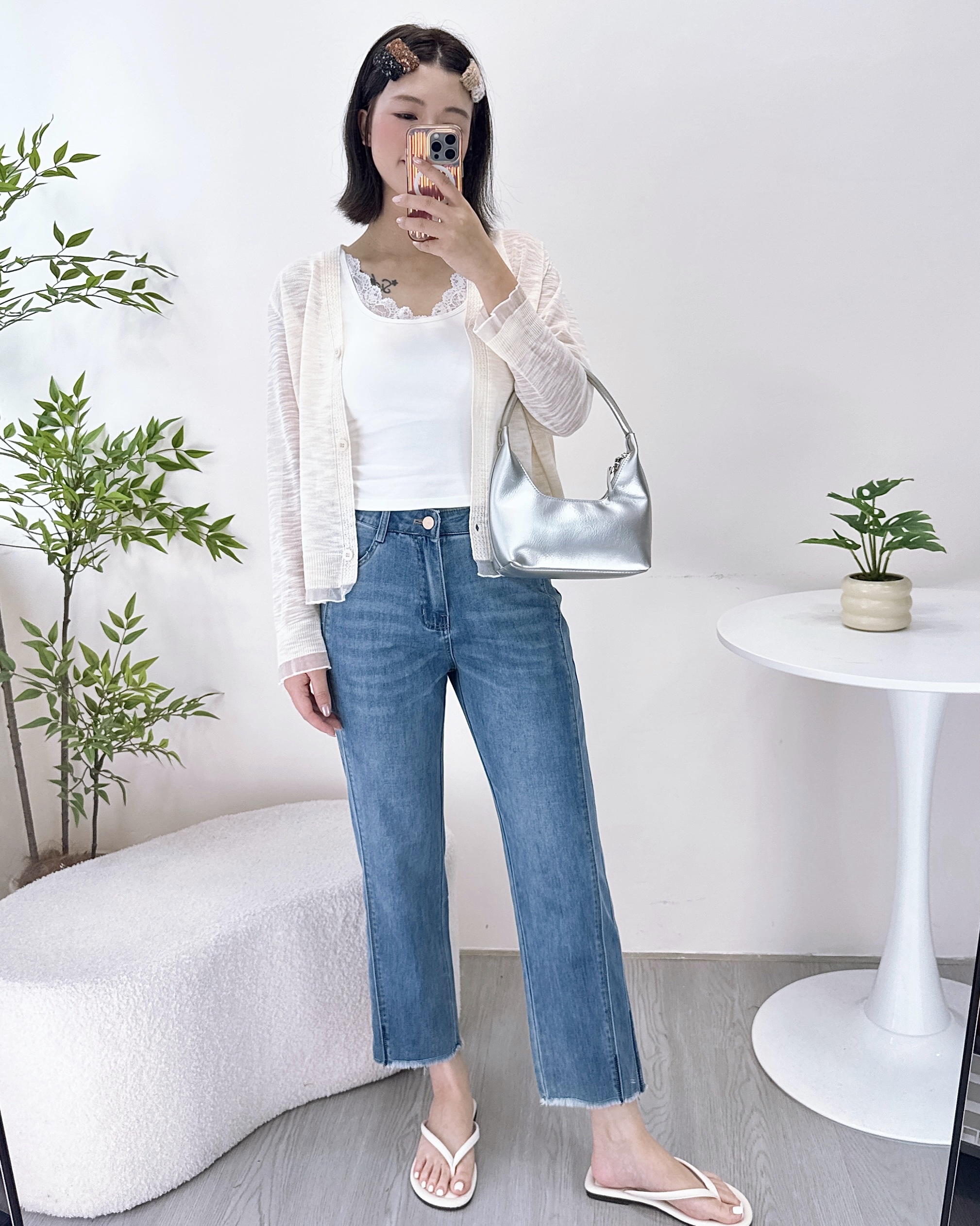 夏天超薄顯白淺藍九分牛仔褲