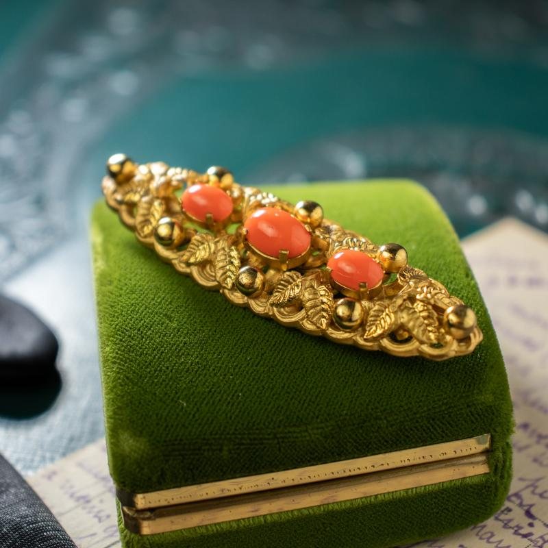 Turn of Century Antique Czechoslovakian Coral Glass Filigree Brooch (AC088)