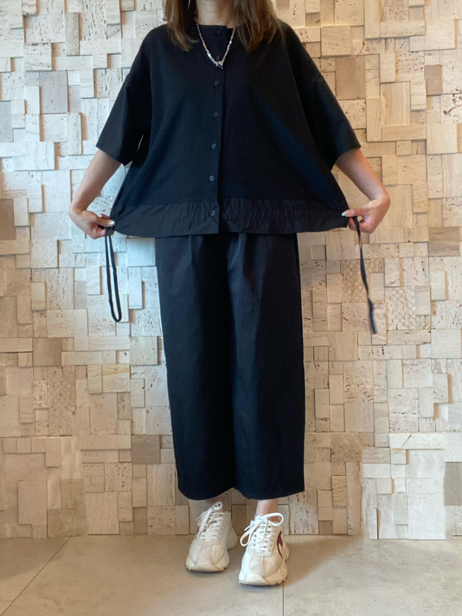 #2083 棉拼棉布抽繩Top 🖤