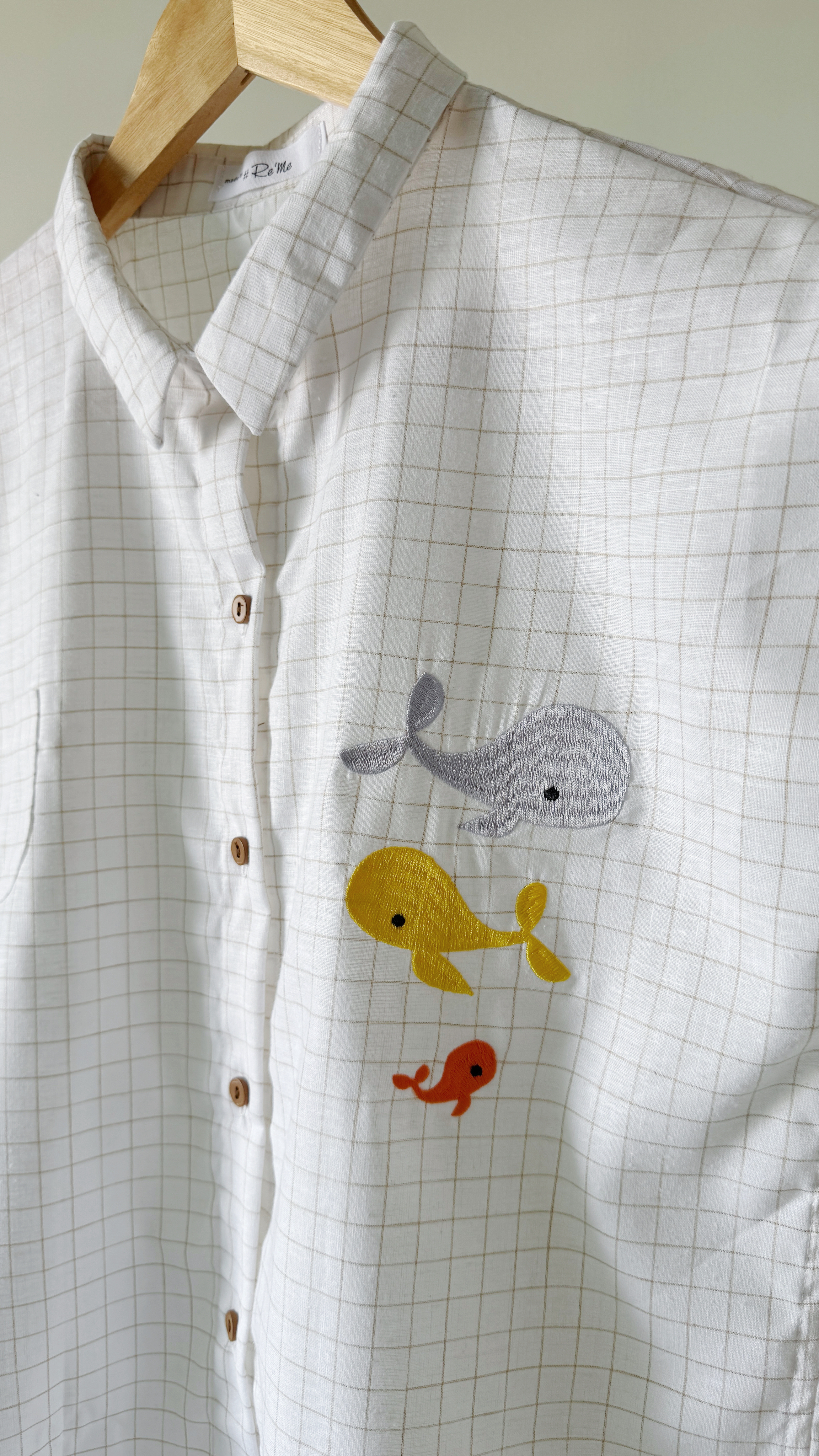 日系直肩鲸鱼刺绣衬衫