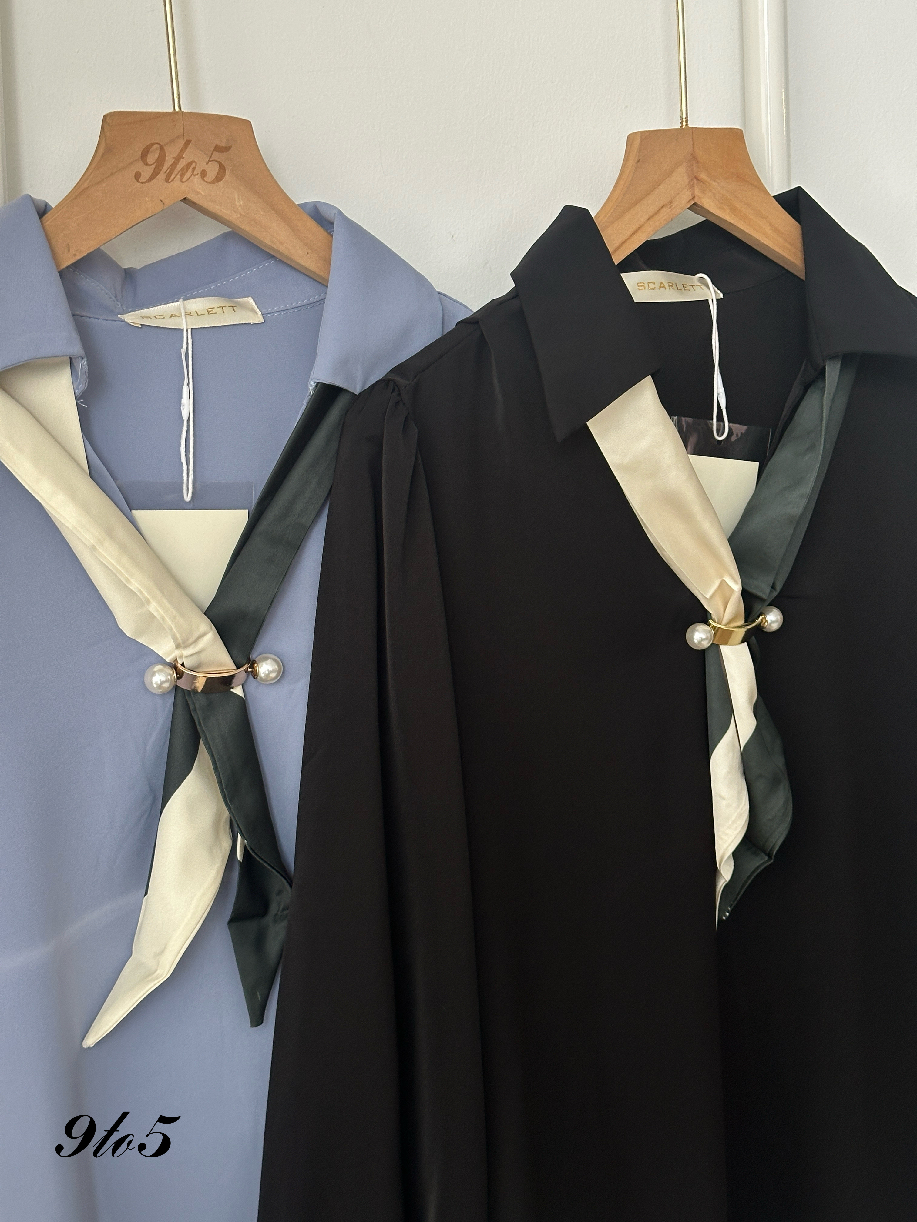 T4072 V Neck Shirt with Scarf - Black & Blue