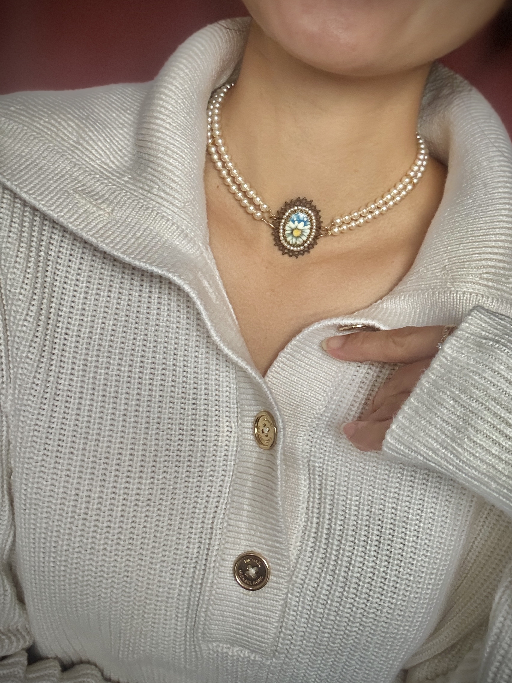 Vintage Recomposed Czechoslovakian Double-Row Glass Pearl Choker with Daisy Pendant (NZ122)