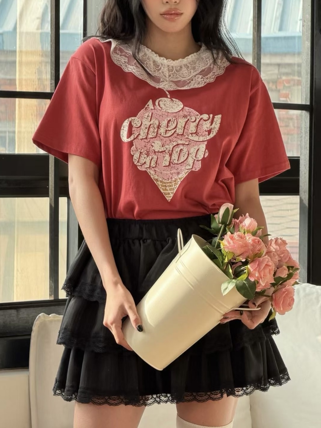 Lace 領cherry Top 