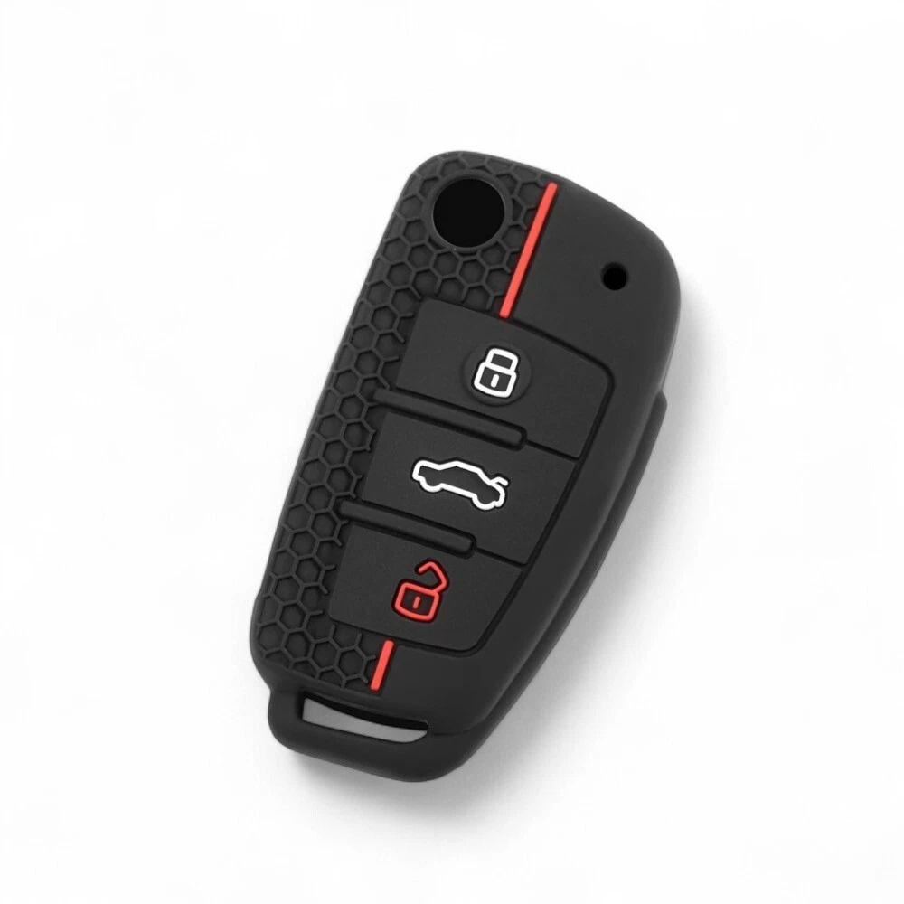 適用奧迪A3硅膠鑰匙套  黑色 折疊3鍵 蜂窩紅線 UA0542