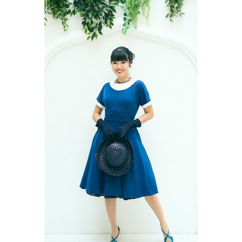 (SOLD OUT)1950s Style Two Way Roll Over Collar Jersey Two-Tone Swing Dress (FM180)