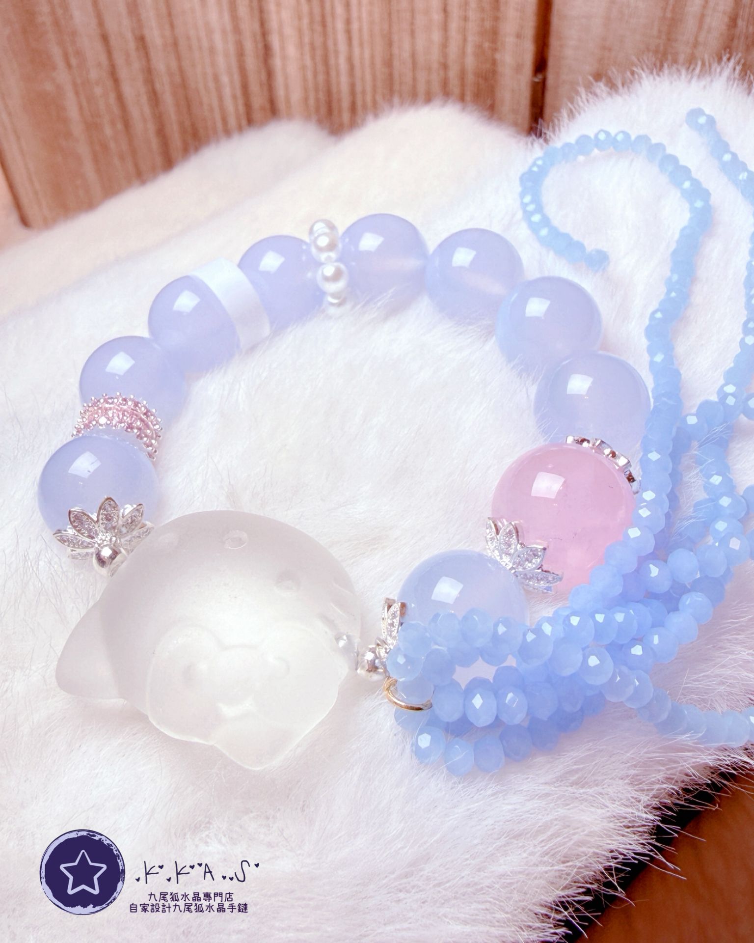 K00238 白水晶 貓頭 自家設計手鏈