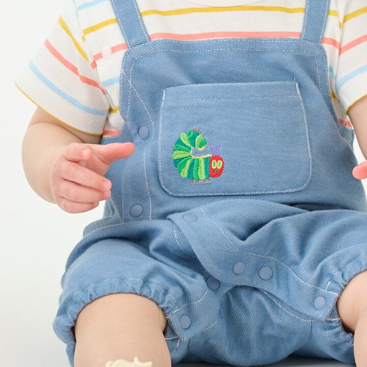 🇯🇵預訂 日本直送🇯🇵Petit Main x 好餓的毛毛蟲系列兩色刺繡條紋吊帶短袖連身服