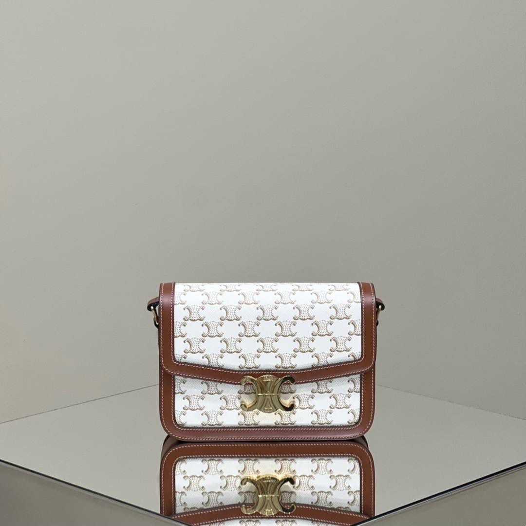 🔥大货实拍图 𝗖𝗘𝗟𝗜𝗡𝗘 ♥ 𝗧𝗥𝗜𝗢𝗠𝗣𝗛𝗘 𝗕𝗢𝗫 型号：191242 中号尺寸：22.5*16*7cm 小号尺寸：18.5*14*6cm 凯旋门自发行以来就一直火的一塌糊涂，最开始的老花到纯色到帆布，这只帆布真的太好看了，超级清新！