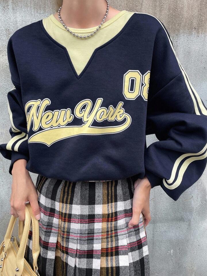 復古學院風紐約字母撞色V領套頭衛衣