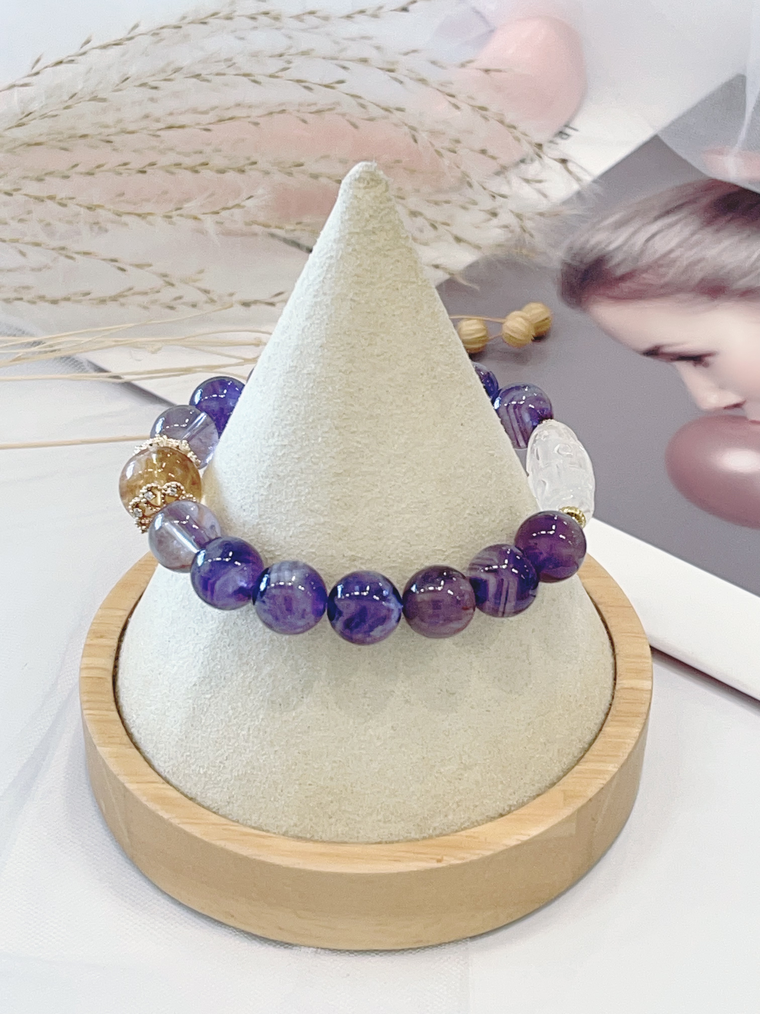 ✨ 黄塔晶 × 白水晶天竺 × 梦幻紫水晶 × 紫阿赛手串 Yellow Phantom Quartz & Clear Quartz Dzi & Dream Amethyst & Purple Azeztulite