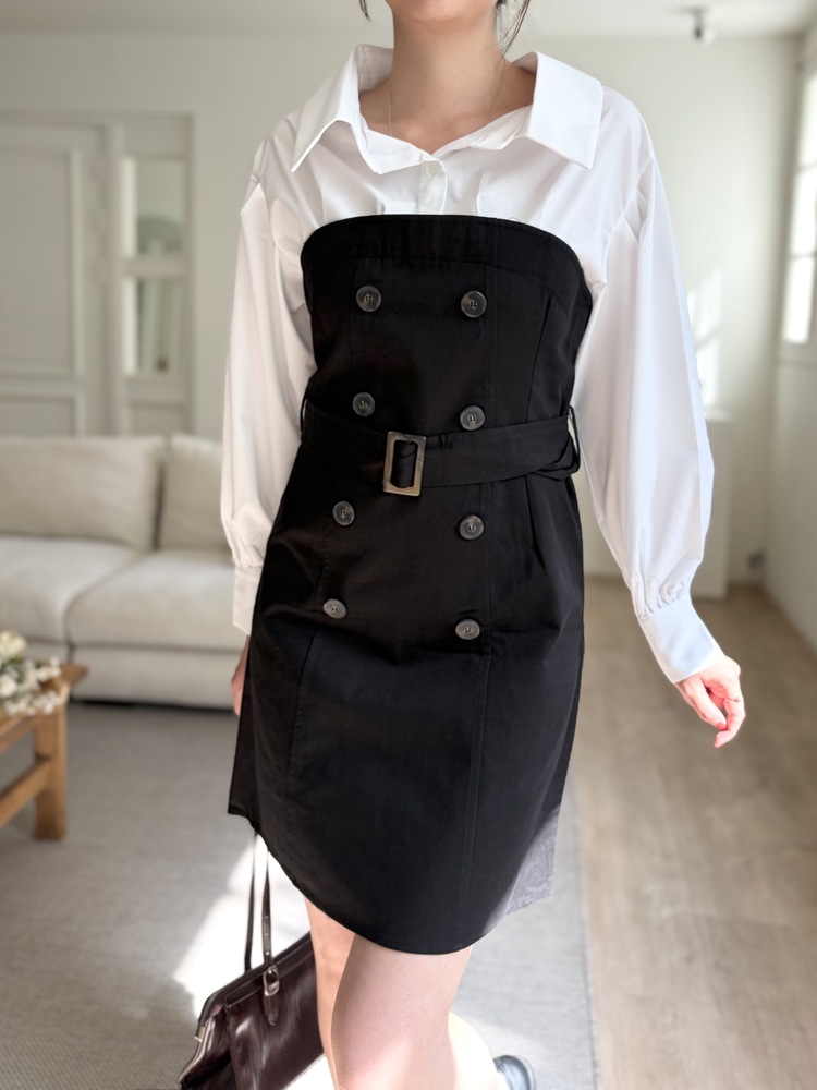 Belted Short Trench Dress (Black)